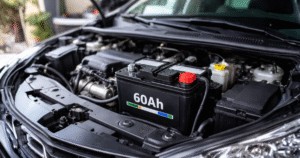Exemplo de bateria 60Ah instalada em veículo de passeio, mostrando aplicação da bateria automotiva 60 amperes. 